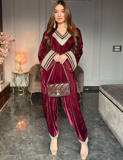 Maroon velvet embroidered plazzo suit