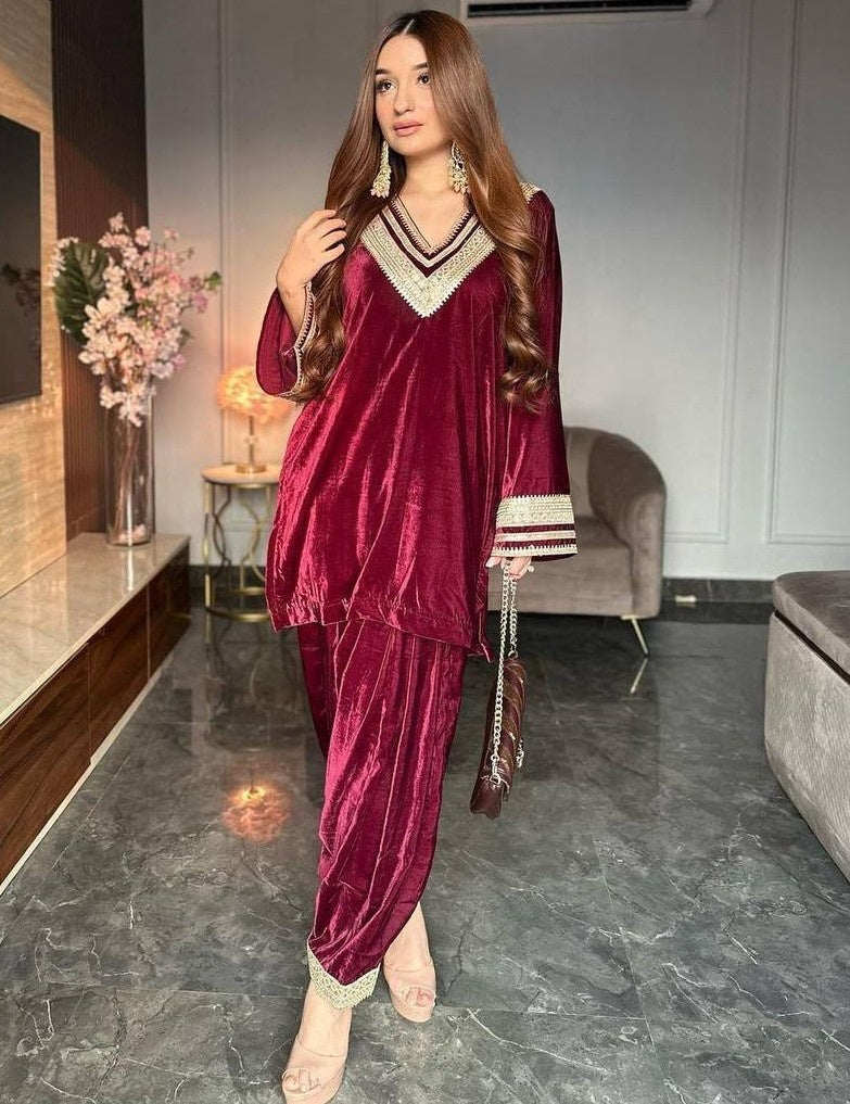 Maroon velvet embroidered plazzo suit