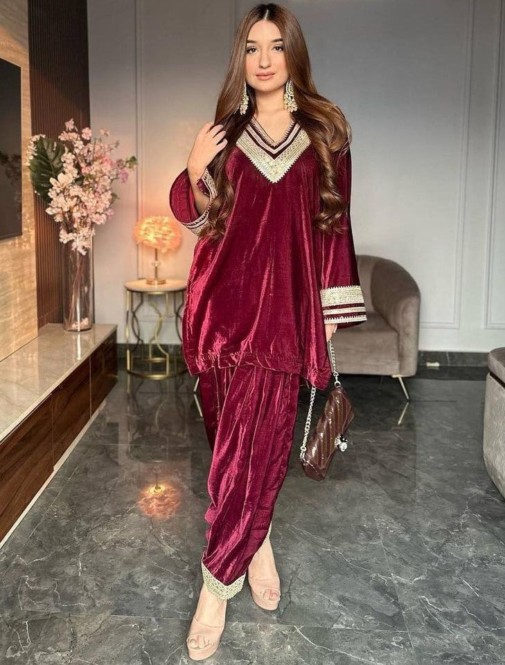 Maroon velvet embroidered plazzo suit