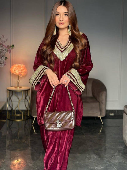 Maroon velvet embroidered plazzo suit