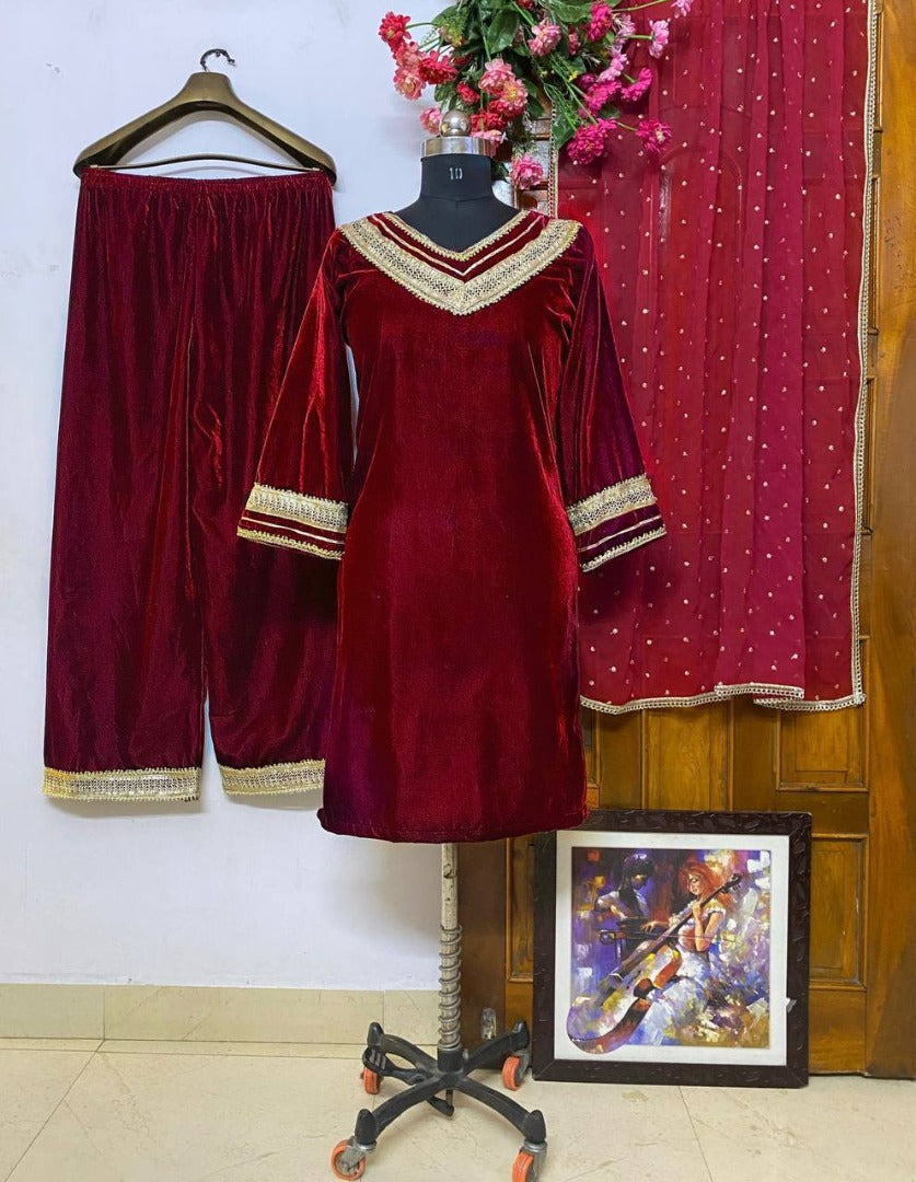 Maroon velvet embroidered plazzo suit