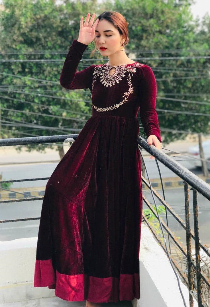 Maroon velvet embroidery work gown