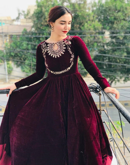 Maroon velvet embroidery work gown
