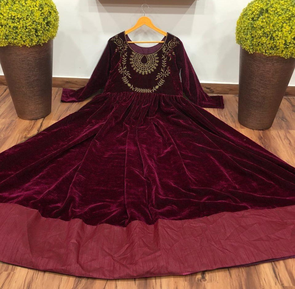 Maroon velvet embroidery work gown