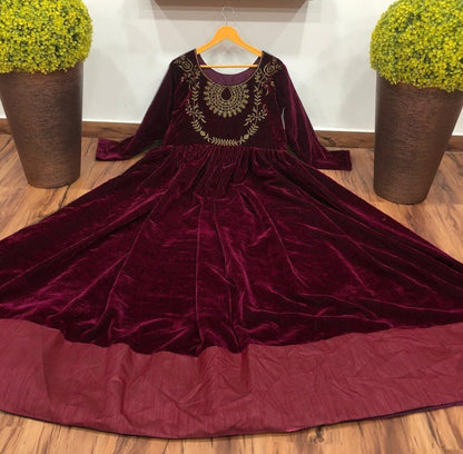 Maroon velvet embroidery work gown