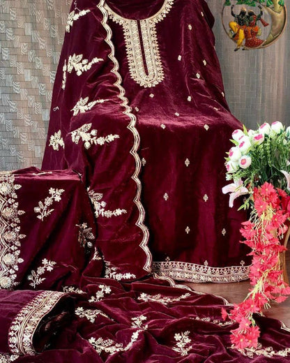 Maroon velvet embroidery work plazzo suit