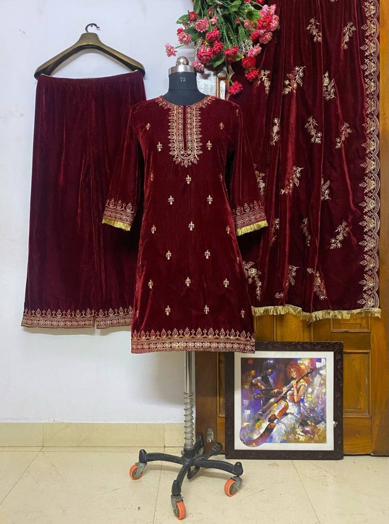Maroon velvet embroidery work plazzo suit
