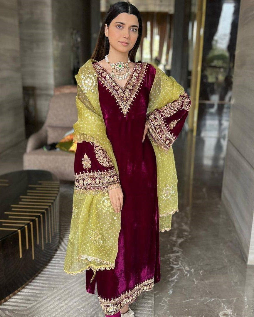 Maroon velvet embroidery worked plazzo suit