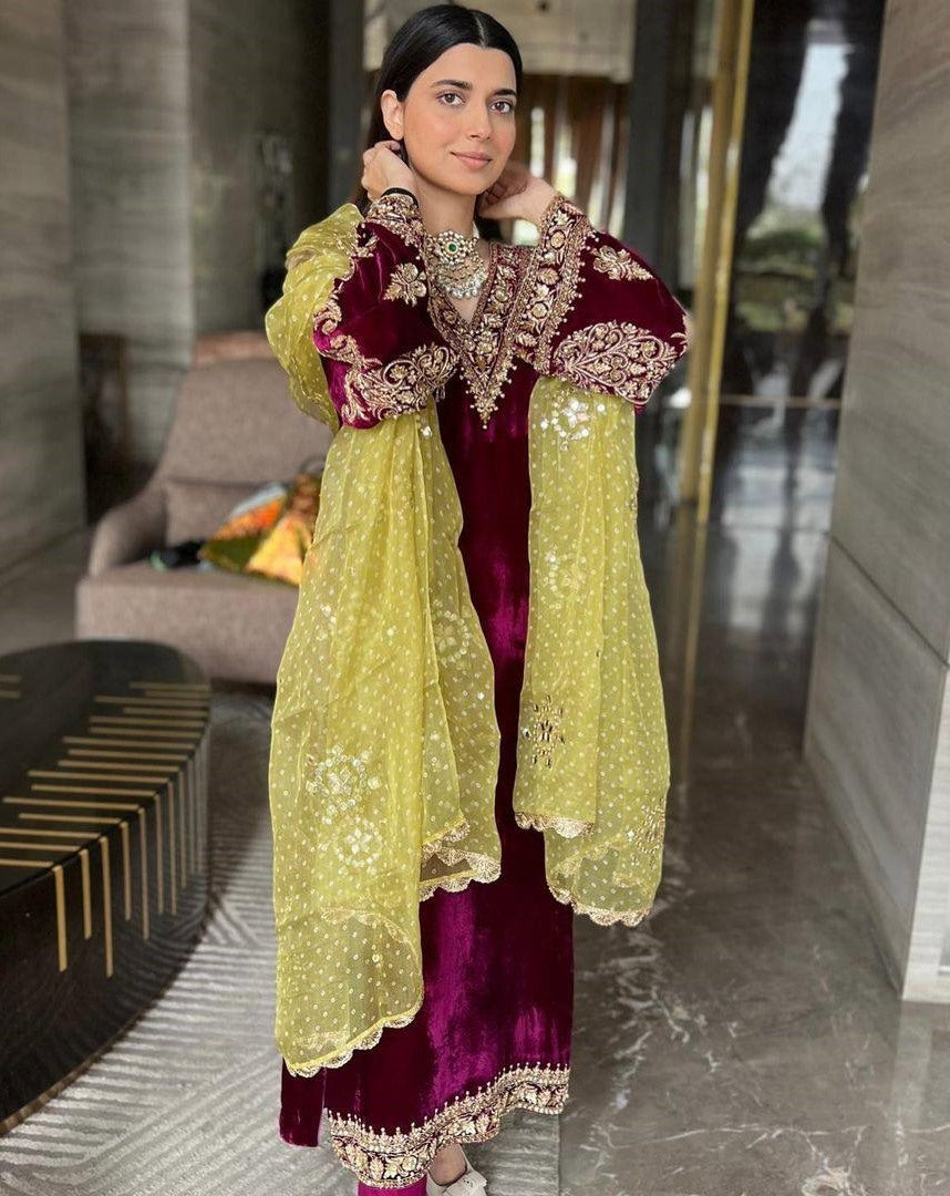 Maroon velvet embroidery worked plazzo suit