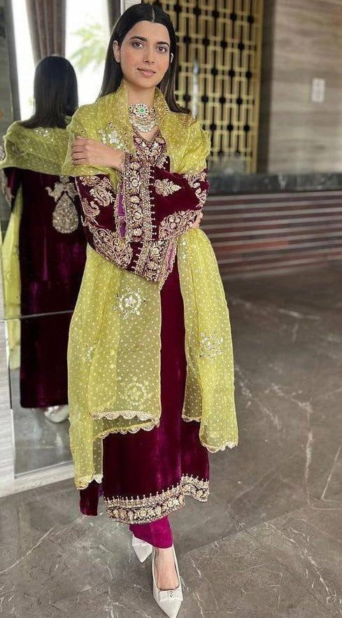 Maroon velvet embroidery worked plazzo suit