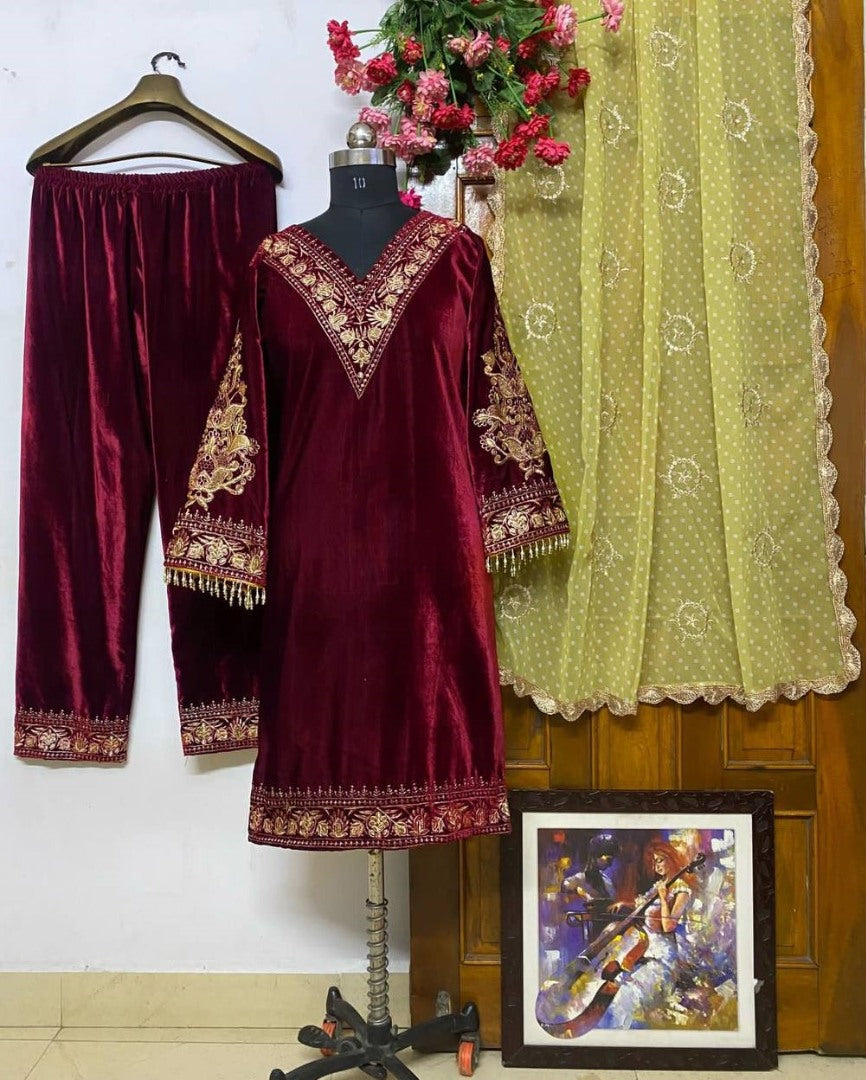 Maroon velvet embroidery worked plazzo suit