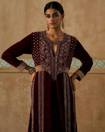 Maroon velvet embroidery worked plazzo suit