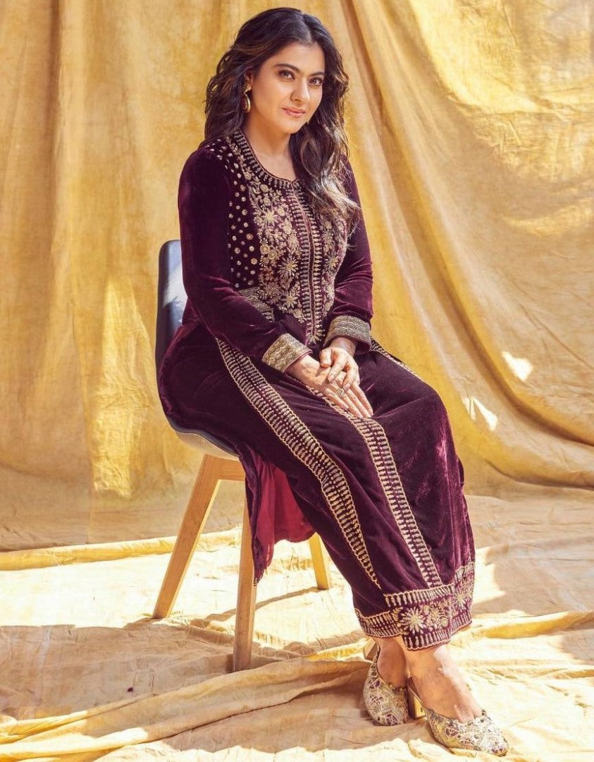 Maroon velvet embroidery worked plazzo suit
