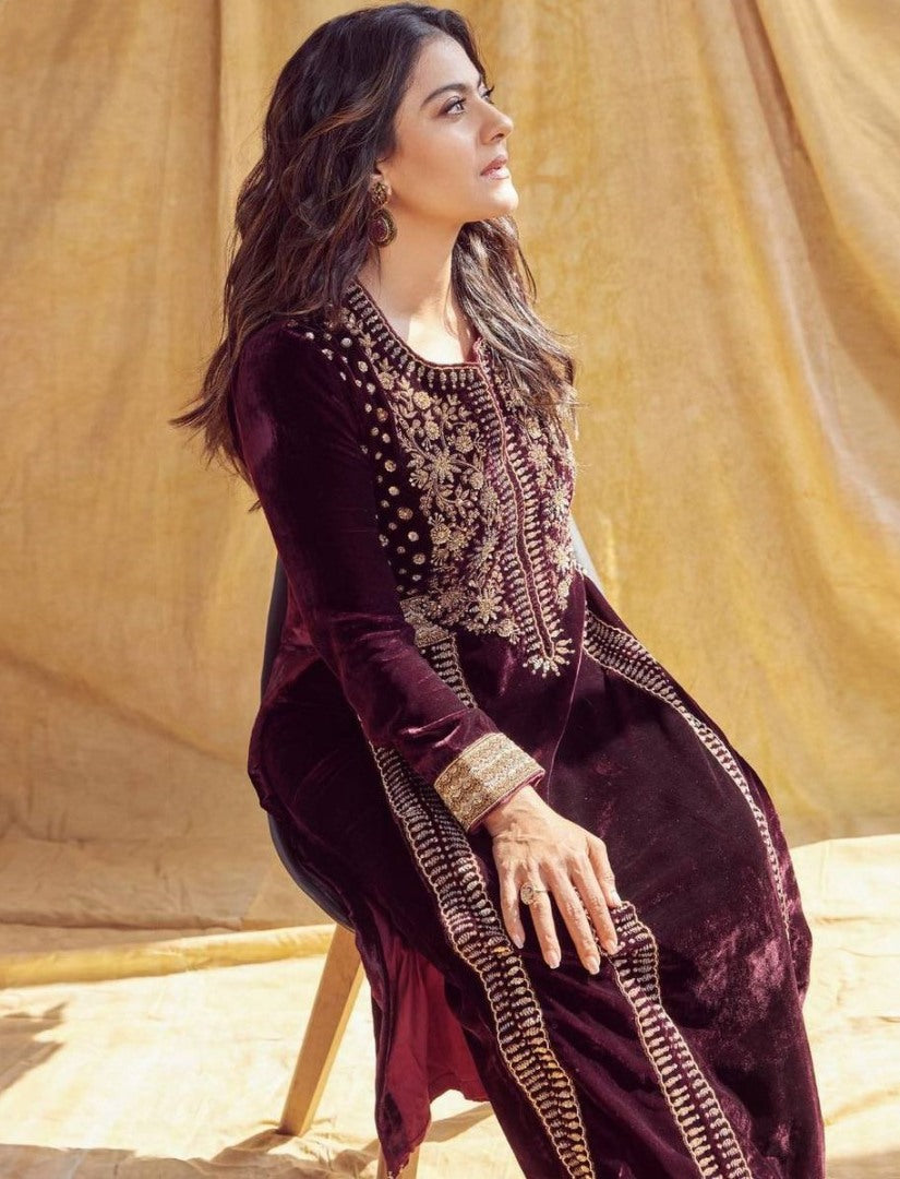 Maroon velvet embroidery worked plazzo suit
