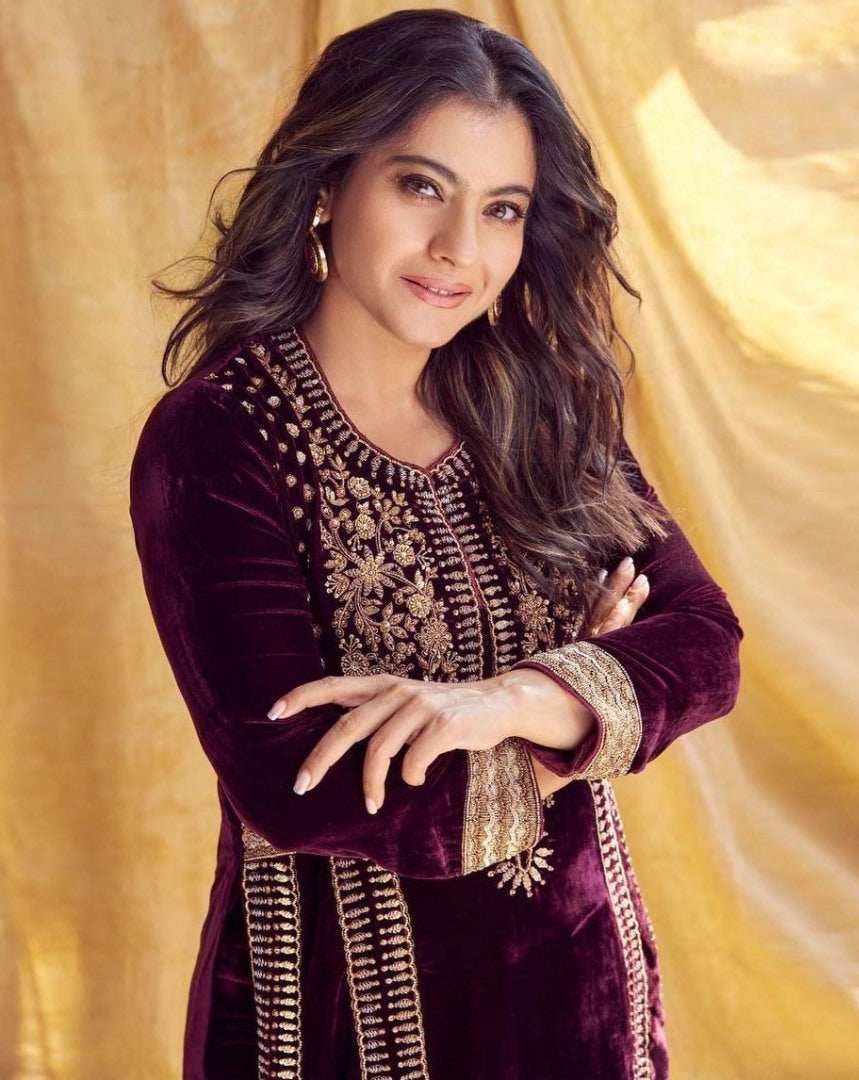 Maroon velvet embroidery worked plazzo suit