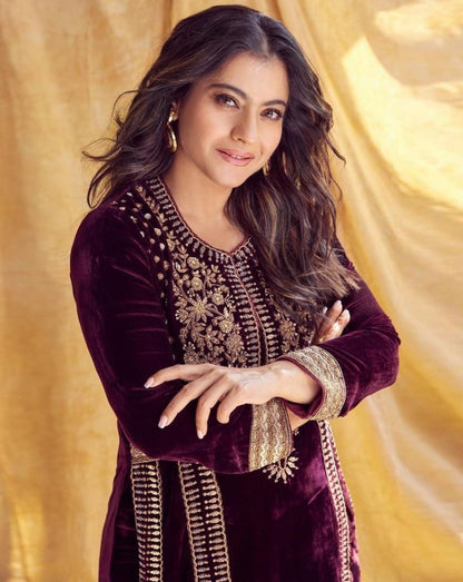 Maroon velvet embroidery worked plazzo suit