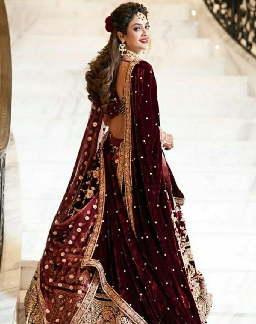 Maroon velvet heavy bridal lehenga choli