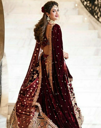 Maroon velvet heavy bridal lehenga choli