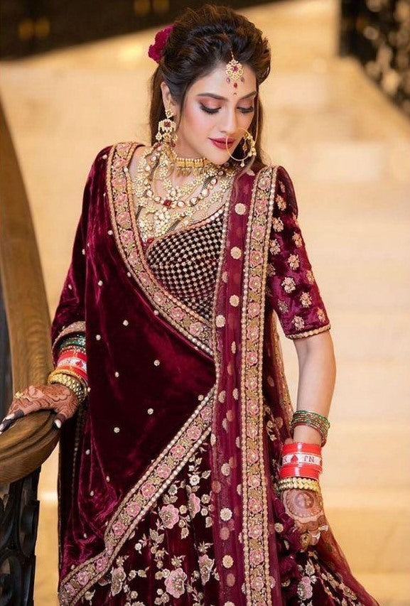 Maroon velvet heavy bridal lehenga choli