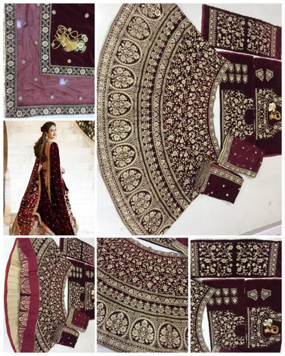 Maroon velvet heavy bridal lehenga choli