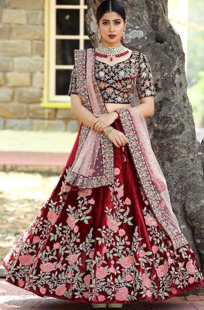 maroon velvet heavy embroidered bridal lehenga