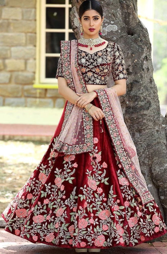 maroon velvet heavy embroidered bridal lehenga