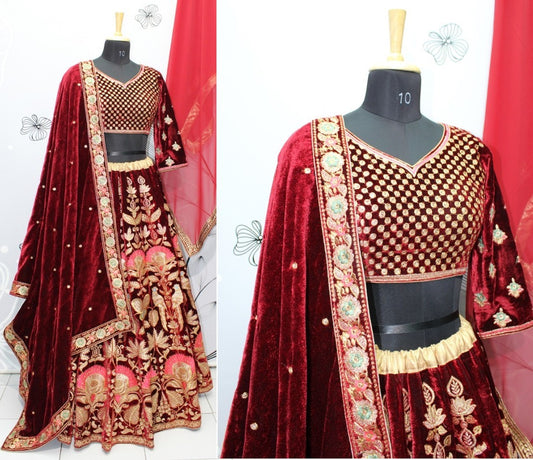 maroon velvet heavy embroidered bridal lehenga