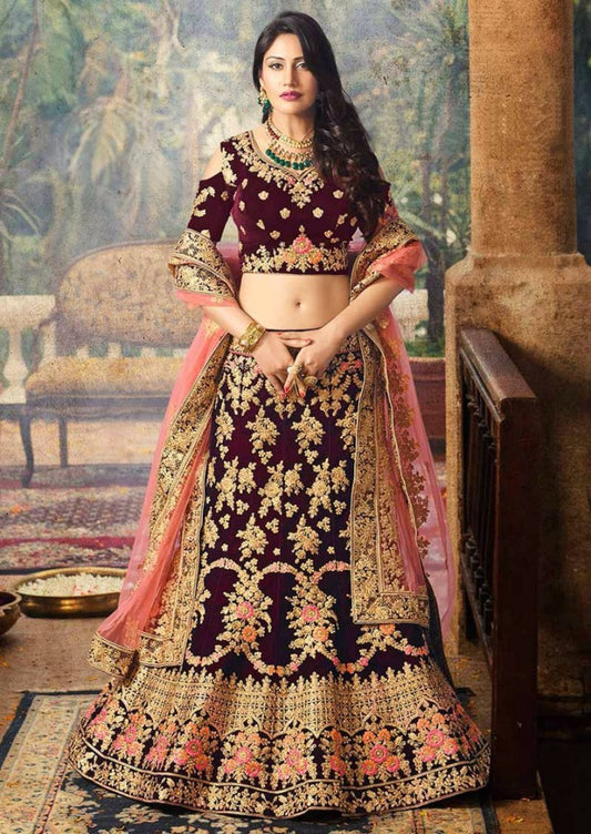 Maroon velvet heavy embroidered bridal lehenga