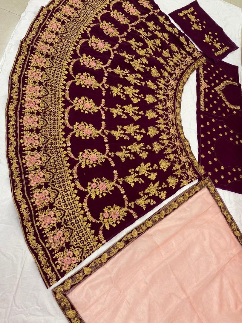 Maroon velvet heavy embroidered bridal lehenga