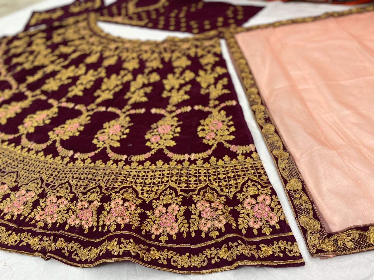 Maroon velvet heavy embroidered bridal lehenga