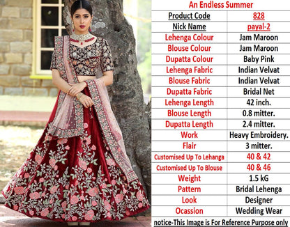 maroon velvet heavy embroidered bridal lehenga