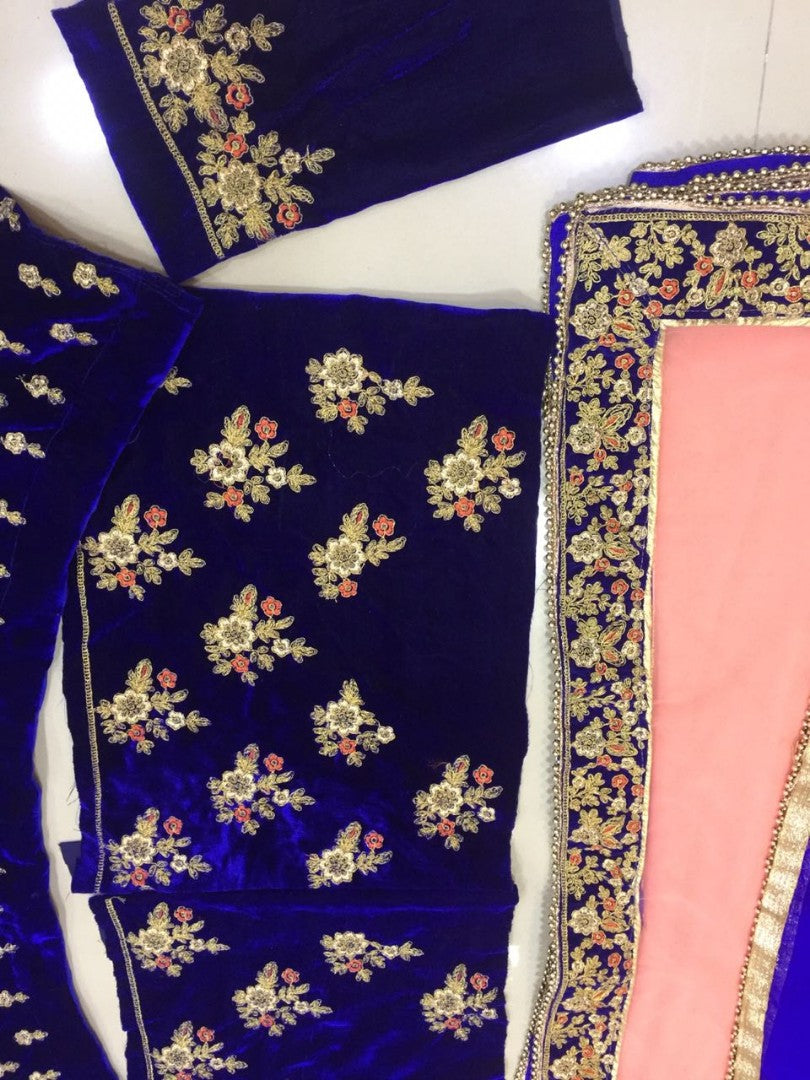 Maroon velvet heavy embroidered bridal lehenga