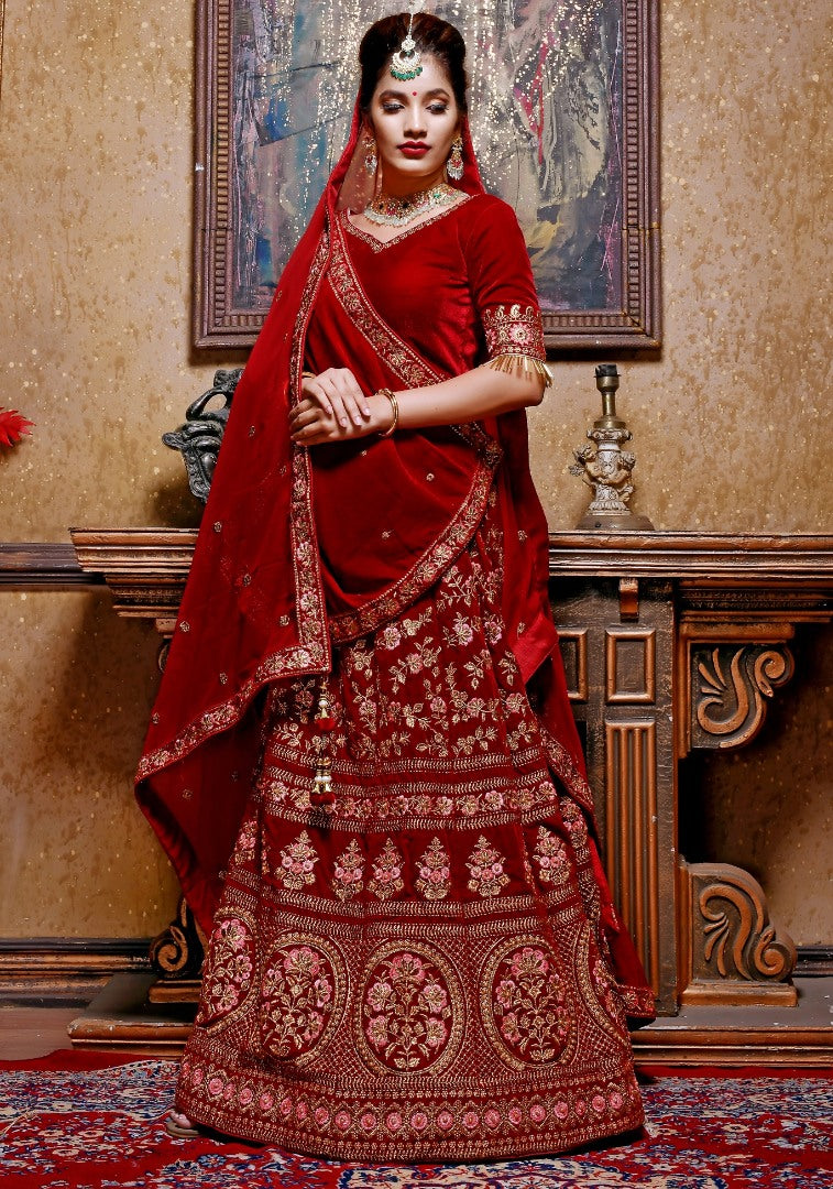 Maroon velvet heavy embroidered bridal lehenga choli