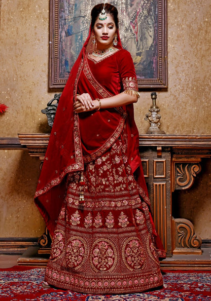 Maroon velvet heavy embroidered bridal lehenga choli