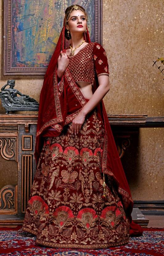 Maroon velvet heavy embroidered bridal lehenga choli