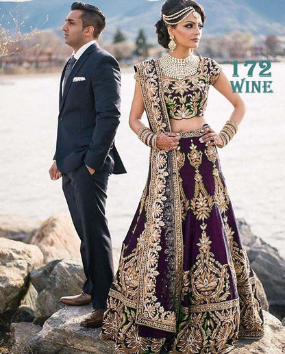 Maroon velvet heavy embroidered bridal lehenga choli