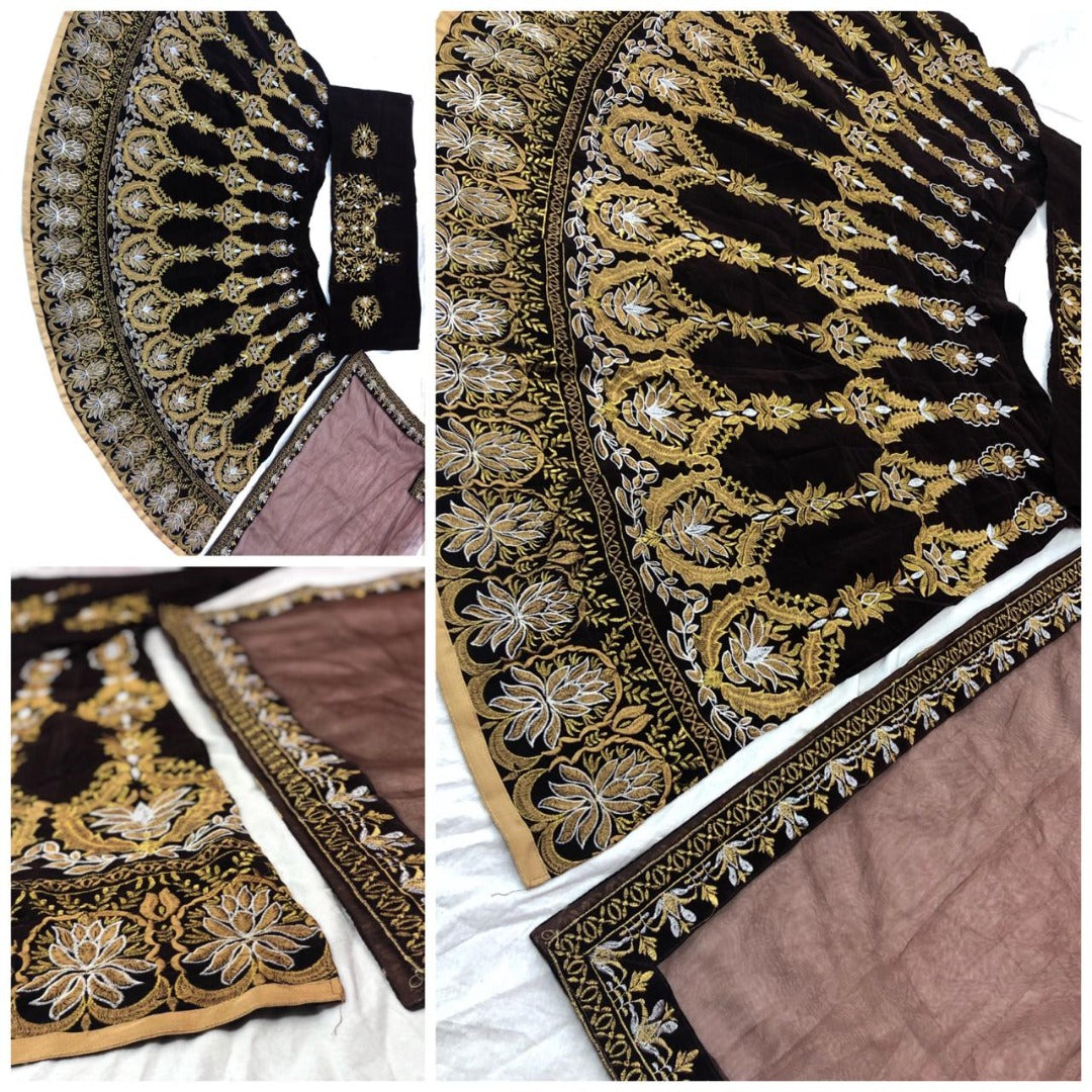 Maroon velvet heavy embroidered bridal lehenga choli
