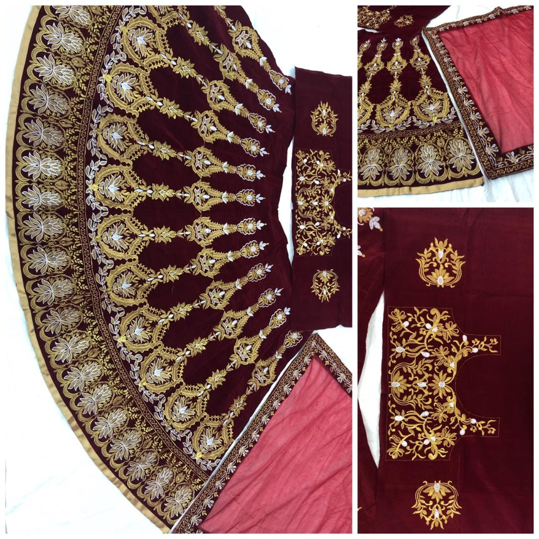 Maroon velvet heavy embroidered bridal lehenga choli