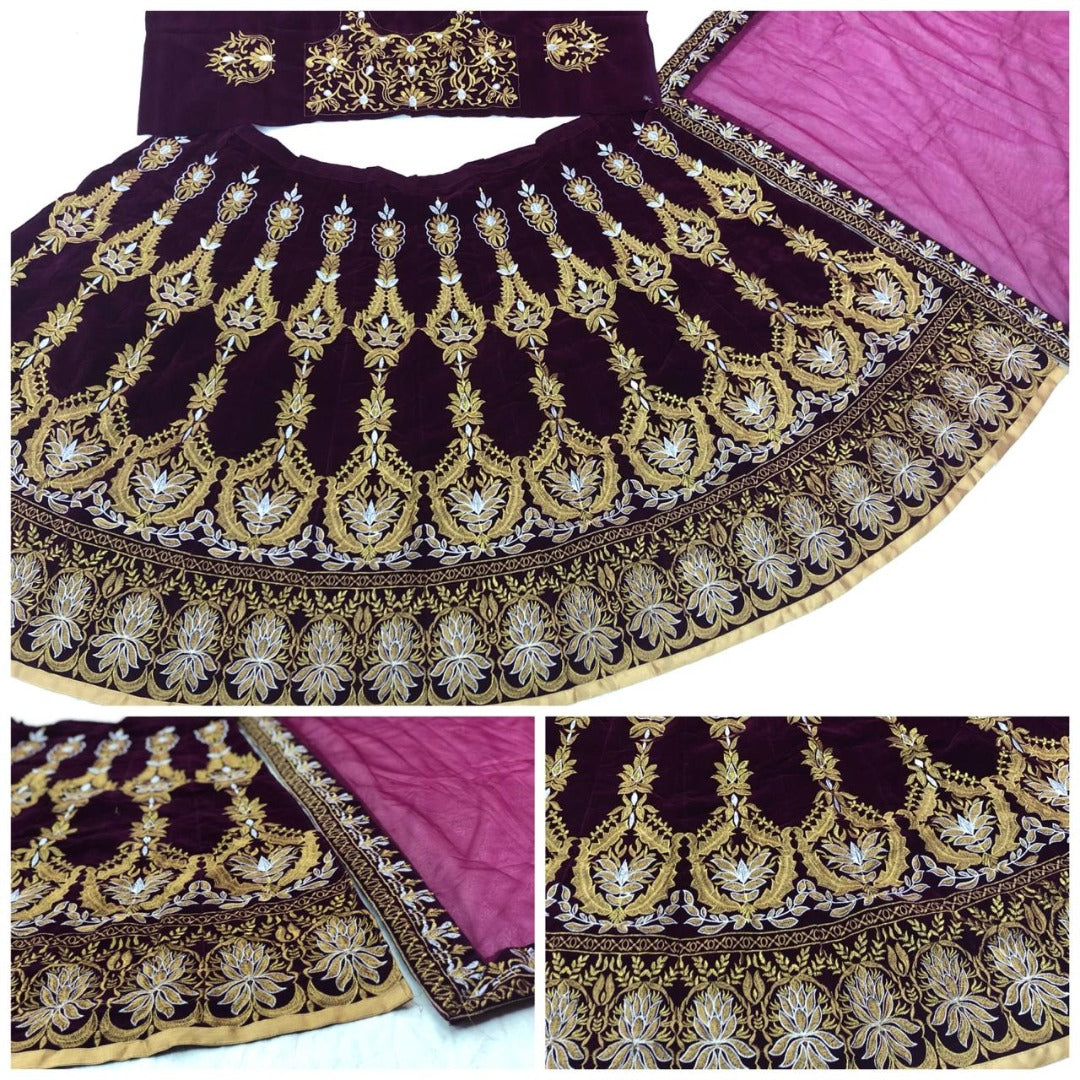 Maroon velvet heavy embroidered bridal lehenga choli