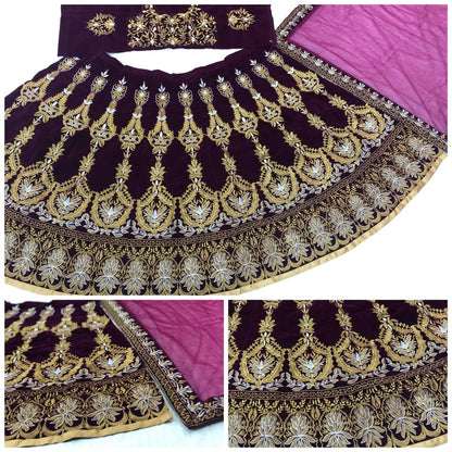 Maroon velvet heavy embroidered bridal lehenga choli