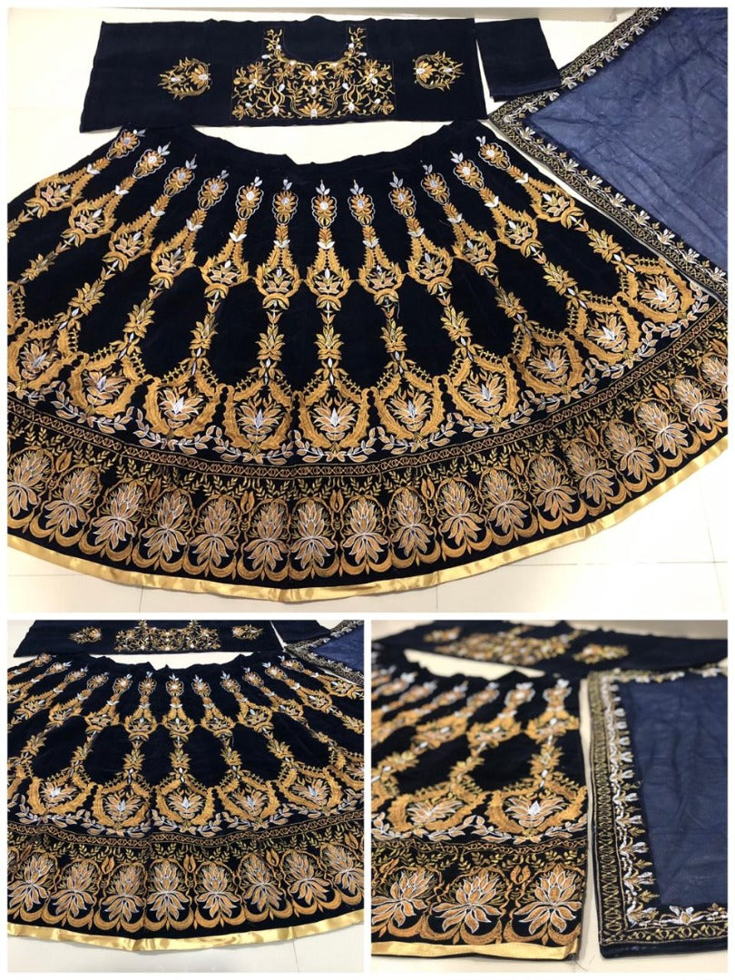 Maroon velvet heavy embroidered bridal lehenga choli