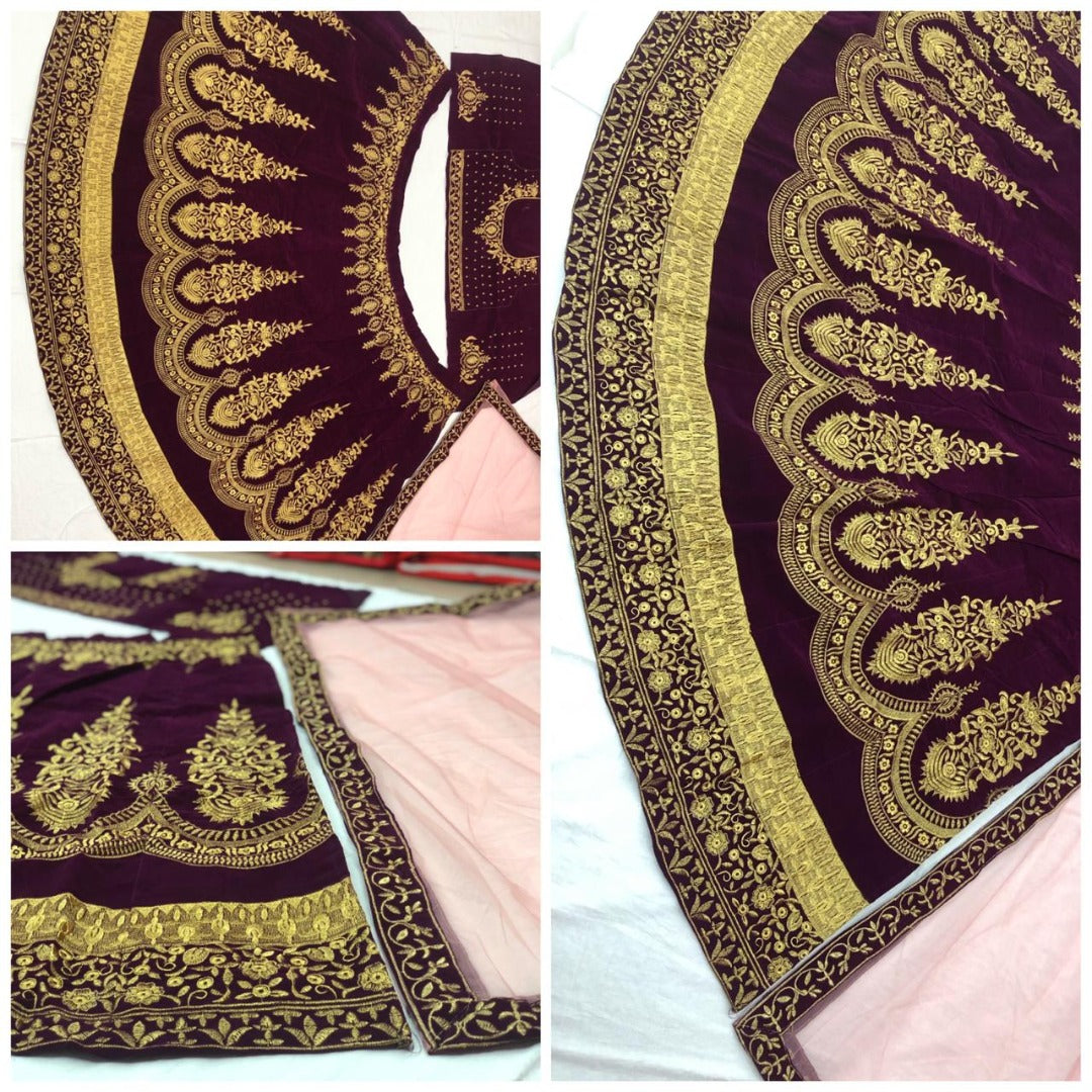 Maroon velvet heavy embroidered bridal lehenga choli