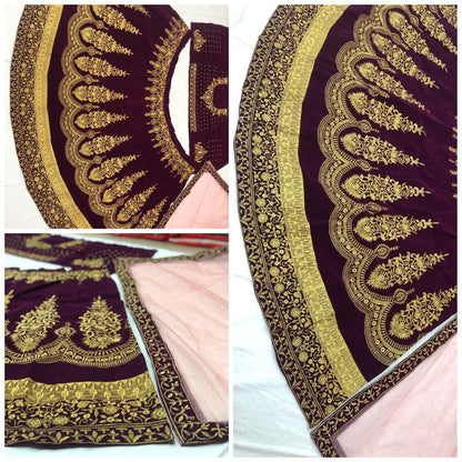 Maroon velvet heavy embroidered bridal lehenga choli