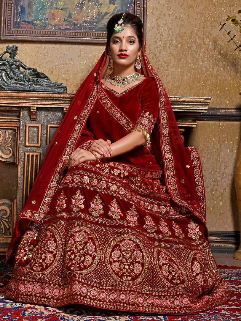 Maroon velvet heavy embroidered bridal lehenga choli