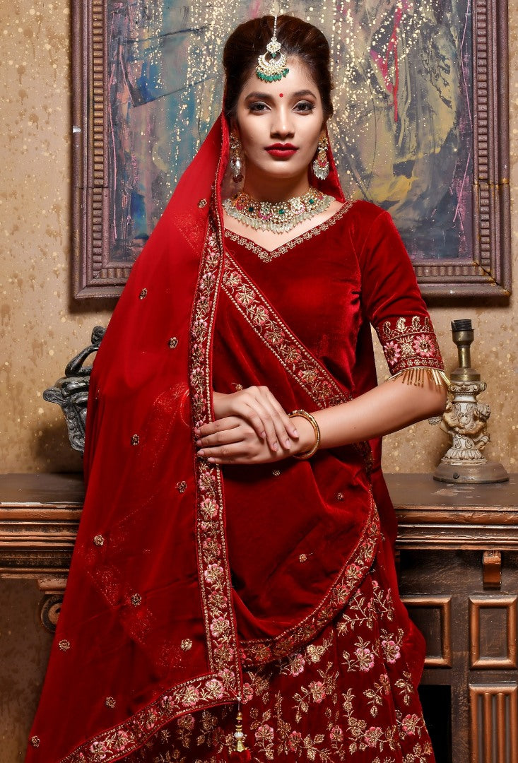 Maroon velvet heavy embroidered bridal lehenga choli