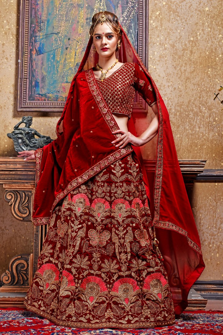 Maroon velvet heavy embroidered bridal lehenga choli