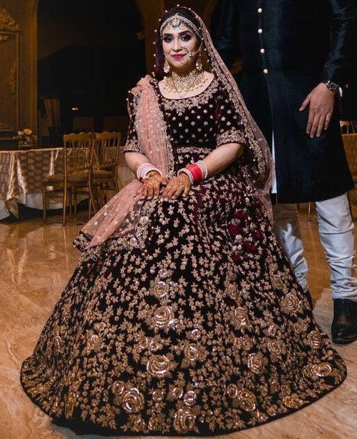 Maroon velvet heavy embroidered designer bridal lehenga