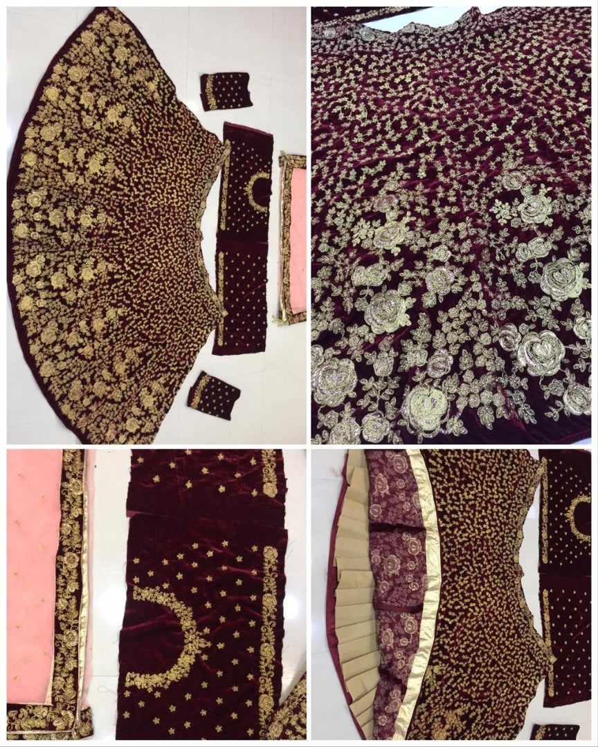 Maroon velvet heavy embroidered designer bridal lehenga
