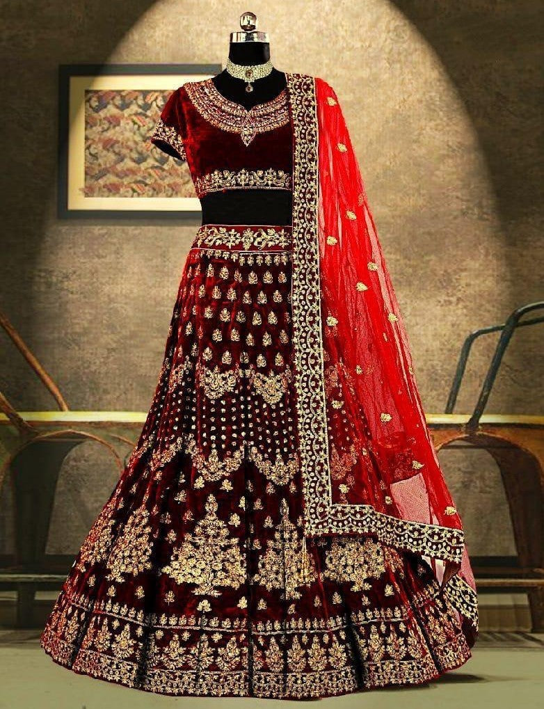 Maroon velvet heavy embroidered designer bridal lehengha