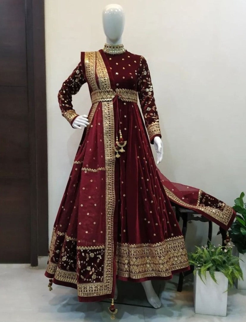 Maroon Velvet heavy embroidered designer wedding gown